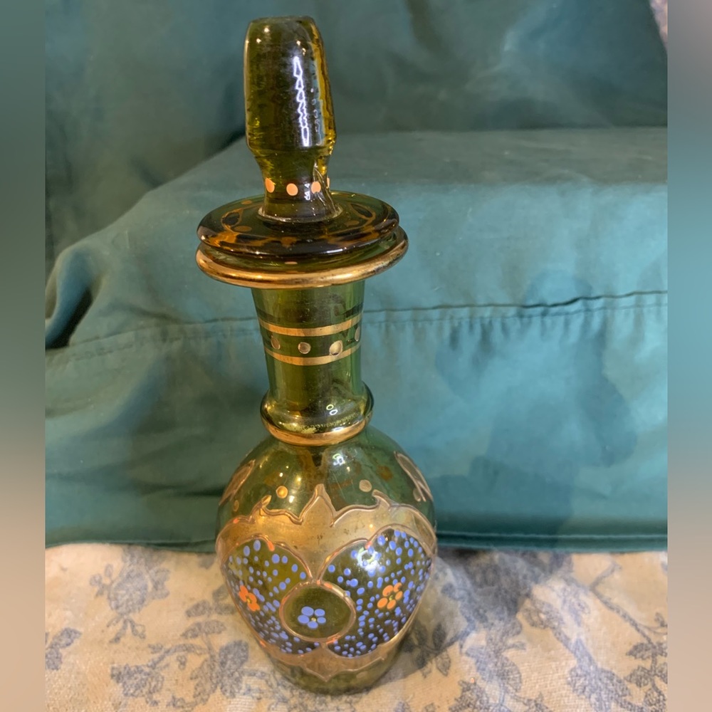 VTG Handpainted Bohemian Amber Glass Bottle with Stopper - Picture 2 of 13